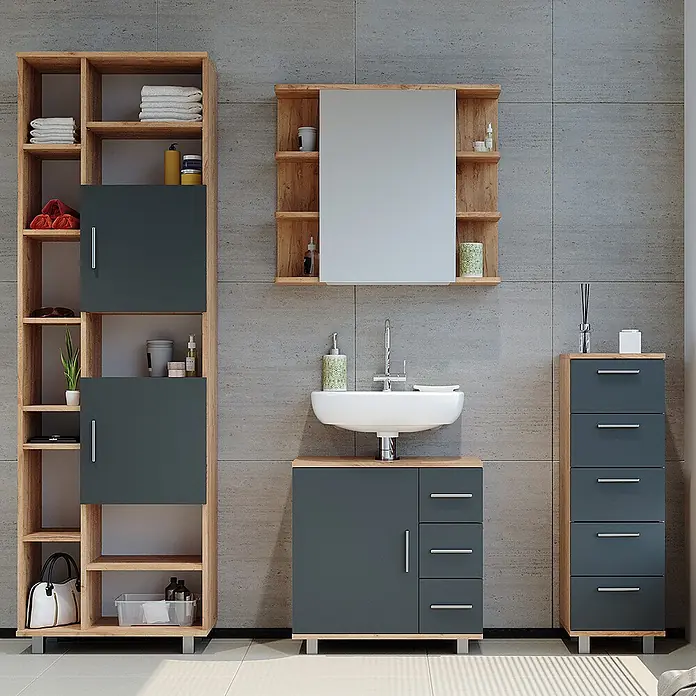 Vicco Badmöbel-Set Ilias Eiche 4 Teile - Gesamtbreite Badmöbel: 150 cm, Eiche, Matt - Modernes Badezimmermöbelset aus hellem Holz und dunkelgrauen Fronten, mit Waschtisch, Regalen und Schränken.