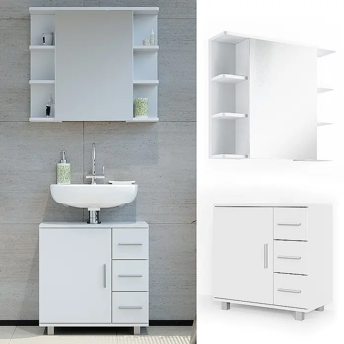 Vicco Badmöbel-Set Ilias Weiß 2 Teile - Gesamtbreite Badmöbel: 60 cm, Weiß, Matt - Weißer Badschrank mit Tür, drei Schubladen, Waschbecken und Spiegelschrank mit Ablagen.