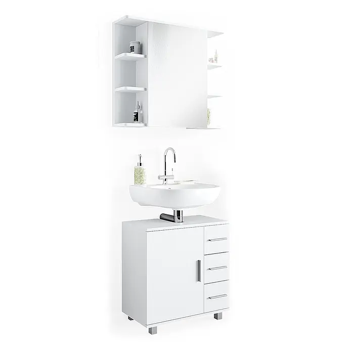 Vicco Badmöbel-Set Ilias Weiß 2 Teile - Gesamtbreite Badmöbel: 60 cm, Weiß, Matt - Weißer Badunterschrank mit Waschbecken, Armatur und Seifenspender, dazu ein weißer Spiegelschrank mit offenen Seitenfächern.