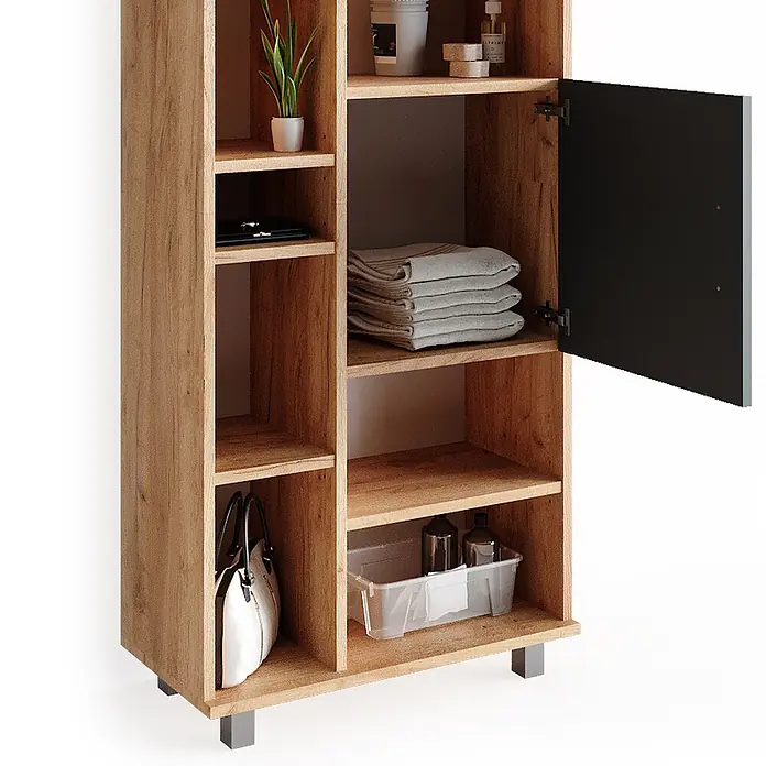 Vicco Badmöbel-Set Ilias Eiche 4 Teile - Gesamtbreite Badmöbel: 150 cm, Eiche, Matt - Hellbrauner Holzschrank mit mehreren offenen Fächern und einer schwarzen Tür zur Aufbewahrung verschiedener Gegenstände.