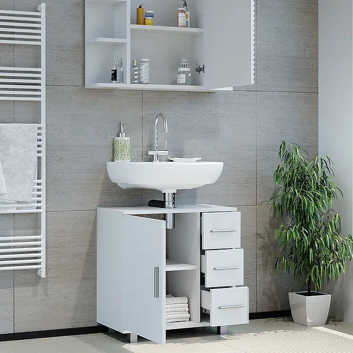 Vicco Badmöbel-Set Ilias Weiß 2 Teile - Gesamtbreite Badmöbel: 60 cm, Weiß, Matt - Weißer Badunterschrank mit Keramikwaschbecken, offenem Schrank und Schubladen, sowie einem Wandschrank in einem modernen Bad.
