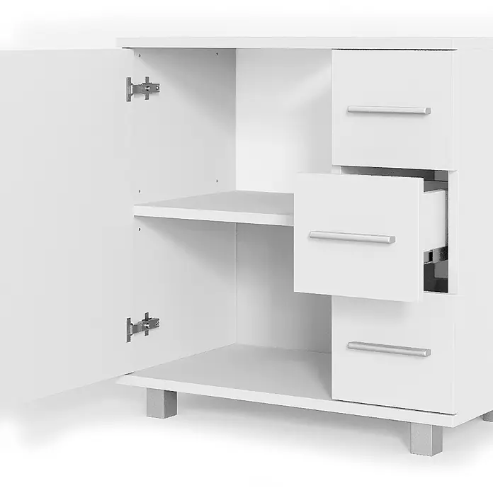 Vicco Badmöbel-Set Ilias Weiß 2 Teile - Gesamtbreite Badmöbel: 60 cm, Weiß, Matt - Weißer Schrank mit geöffneter Tür und drei Schubladen, eine davon teilweise offen, mit silbernen Griffen und Beinen.