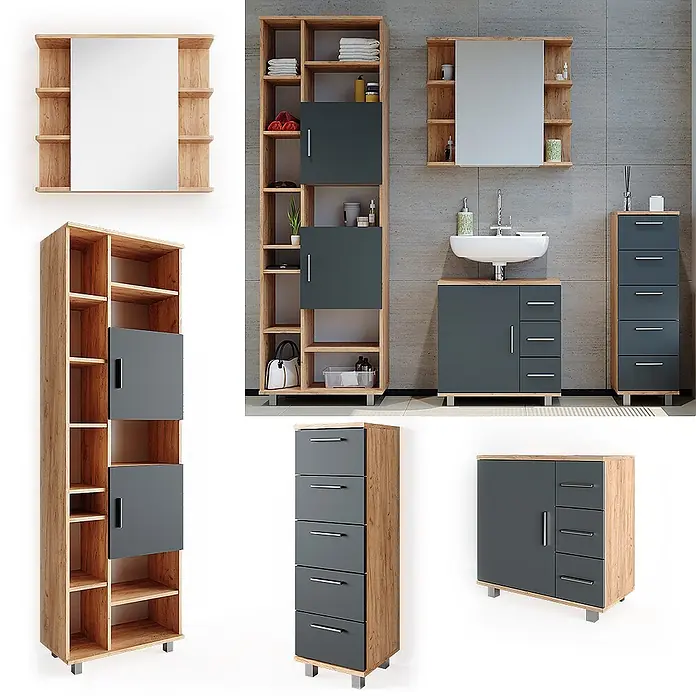 Vicco Badmöbel-Set Ilias Eiche 4 Teile - Gesamtbreite Badmöbel: 150 cm, Eiche, Matt - Modulare Badmöbel in Eichenholzoptik und Anthrazit, inkl. Spiegelschrank, Hochschrank, Schubladenelement und Waschtisch.