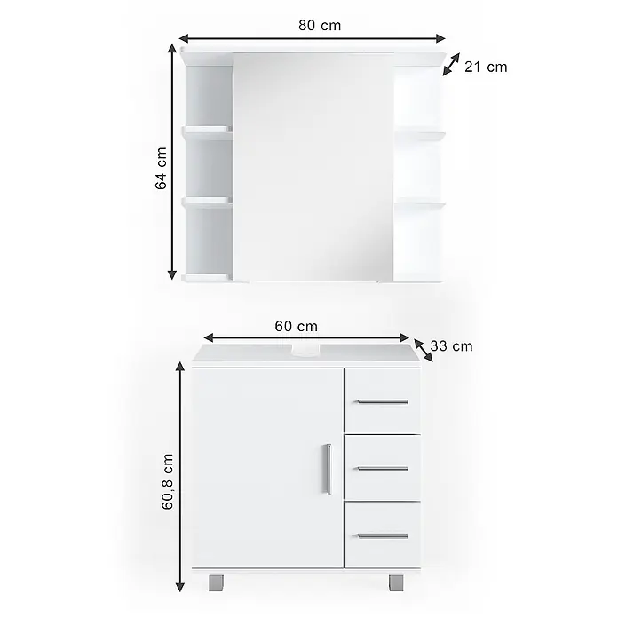 Vicco Badmöbel-Set Ilias Weiß 2 Teile - Gesamtbreite Badmöbel: 60 cm, Weiß, Matt - Weißer Badunterschrank mit Tür und drei Schubladen, plus passender Spiegelschrank mit offenen Regalen.