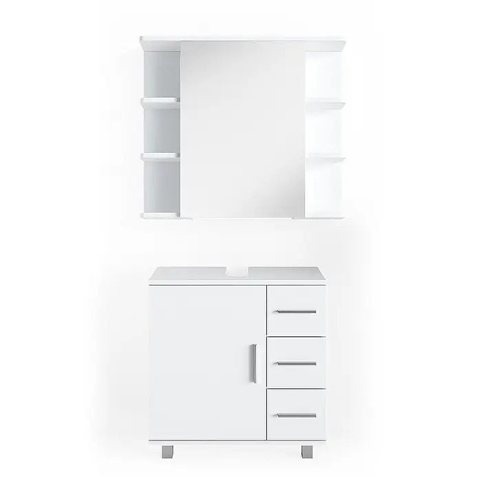 Vicco Badmöbel-Set Ilias Weiß 2 Teile - Gesamtbreite Badmöbel: 60 cm, Weiß, Matt - Weißer Badezimmerschrank mit Tür, drei Schubladen und passendem Spiegelschrank mit offenen Regalen.