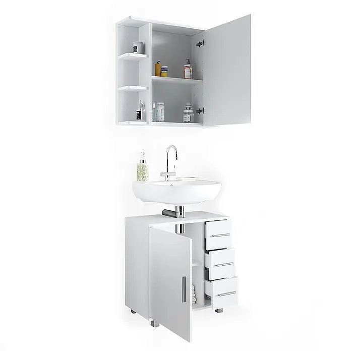 Vicco Badmöbel-Set Ilias Weiß 2 Teile - Gesamtbreite Badmöbel: 60 cm, Weiß, Matt - Weißer Badunterschrank mit Waschbecken und Armatur, integriertem Schrank mit offener Tür und passendem Wandschrank.