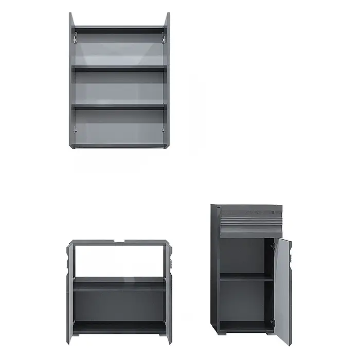 Vicco Badmöbel-Set Fredd Anthrazit Hochglanz 3 Teile - Gesamtbreite Badmöbel: 96,4 cm, Anthrazit Hochglanz, Matt - Dunkelgraue modulare Schränke mit offenen Regalen und Türen.