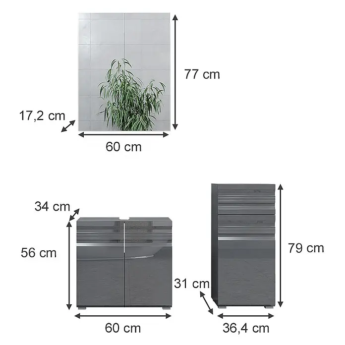 Vicco Badmöbel-Set Fredd Anthrazit Hochglanz 3 Teile - Gesamtbreite Badmöbel: 96,4 cm, Anthrazit Hochglanz, Matt - Glänzend dunkelgraue Badmöbelgarnitur: Waschtischunterschrank, Hochschrank und Spiegel mit Pflanze, inkl. Maße.