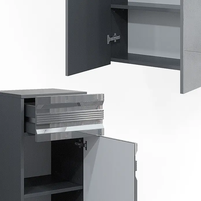 Vicco Badmöbel-Set Fredd Anthrazit Hochglanz 3 Teile - Gesamtbreite Badmöbel: 96,4 cm, Anthrazit Hochglanz, Matt - Hochglänzendes dunkelgraues Möbelset mit offenem Hängeschrank und Unterschrank mit offener Schublade und Tür.