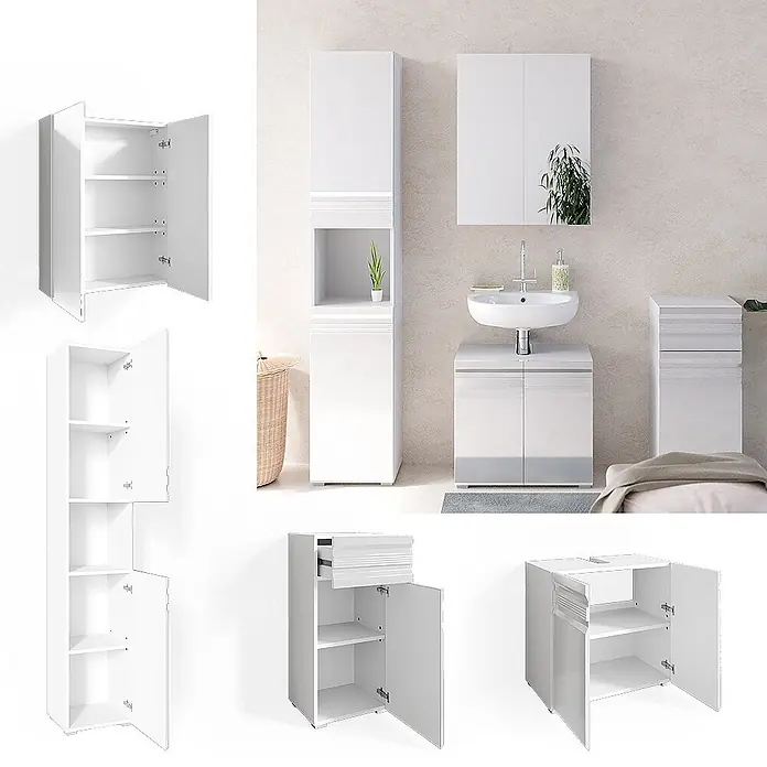 Vicco Badmöbel-Set Fredd Weiß Hochglanz 4 Teile - Gesamtbreite Badmöbel: 132,8 cm, Weiß Hochglanz, Glänzend - Weißes Hochglanz-Badmöbelset mit verschiedenen Schränken und einem Waschtischunterschrank.