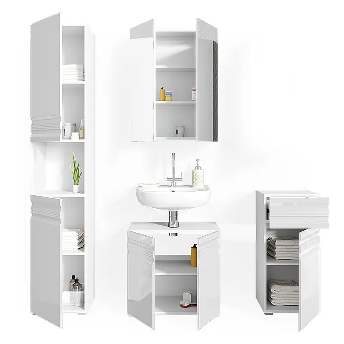Vicco Badmöbel-Set Fredd Weiß Hochglanz 4 Teile - Gesamtbreite Badmöbel: 132,8 cm, Weiß Hochglanz, Glänzend - Glänzendes weißes Badmöbelset mit Hochschrank, Spiegelschrank, Waschtischunterschrank und Beistellschrank, alle offen zur Ansicht.