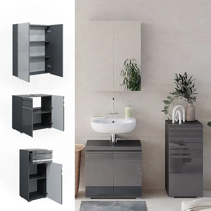 Vicco Badmöbel-Set Fredd Anthrazit Hochglanz 3 Teile - Gesamtbreite Badmöbel: 96,4 cm, Anthrazit Hochglanz, Matt - Dunkelgraues Hochglanz-Badezimmermöbel-Set mit Spiegelschrank, Waschbeckenunterschrank und hohem Schrank in modernem Bad.