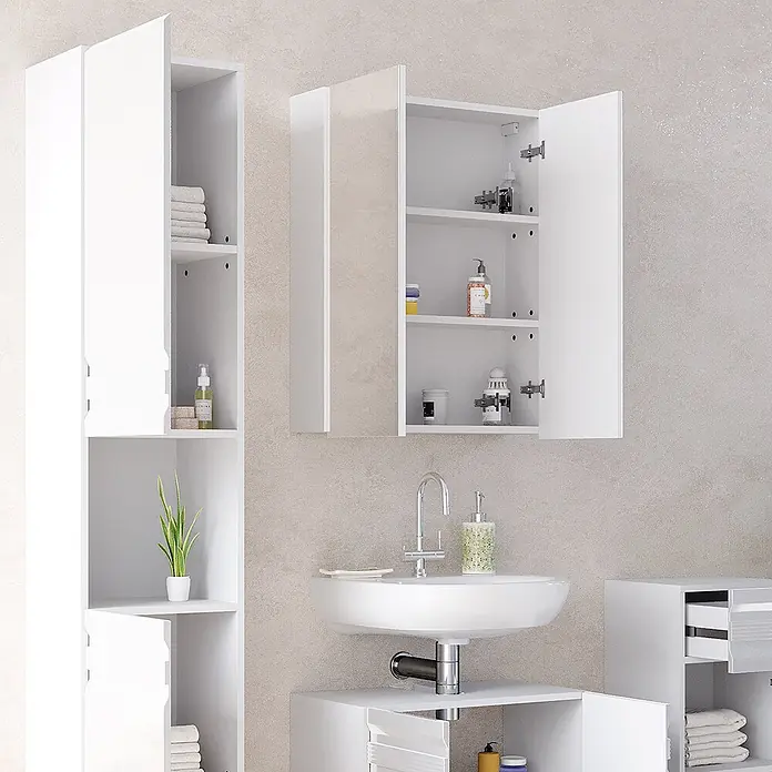 Vicco Badmöbel-Set Fredd Weiß Hochglanz 4 Teile - Gesamtbreite Badmöbel: 132,8 cm, Weiß Hochglanz, Glänzend - Weißes Badschrank-Set mit Wand-, Hoch- und Unterschrank sowie Keramikwaschbecken.