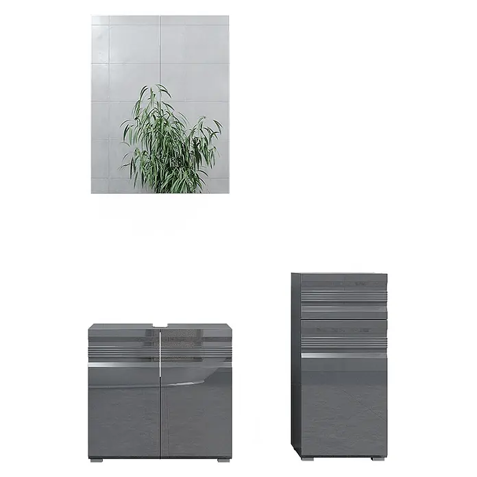 Vicco Badmöbel-Set Fredd Anthrazit Hochglanz 3 Teile - Gesamtbreite Badmöbel: 96,4 cm, Anthrazit Hochglanz, Matt - Zwei dunkelgraue Hochglanz-Möbelstücke: ein Schrank und eine hohe Kommode mit horizontaler Textur.
