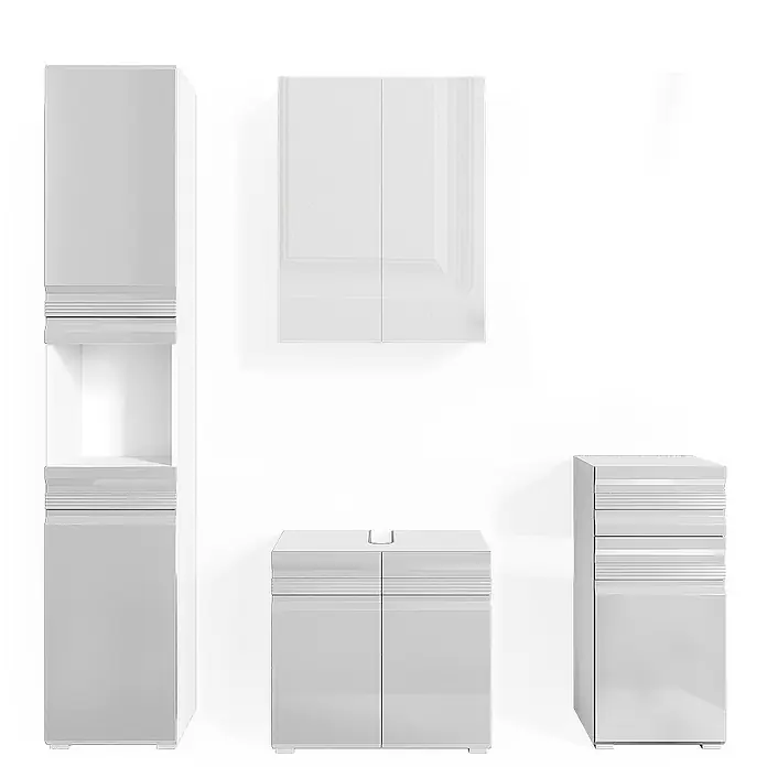 Vicco Badmöbel-Set Fredd Weiß Hochglanz 4 Teile - Gesamtbreite Badmöbel: 132,8 cm, Weiß Hochglanz, Glänzend - Set hochglänzender weißer Badmöbel: Hochschrank, Wandschrank, Waschbeckenunterschrank und Schubladenschrank.