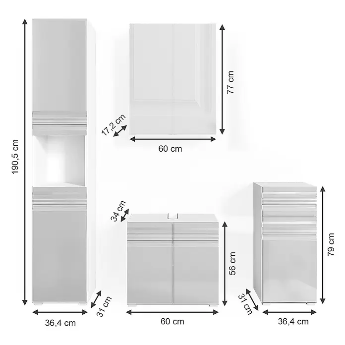 Vicco Badmöbel-Set Fredd Weiß Hochglanz 4 Teile - Gesamtbreite Badmöbel: 132,8 cm, Weiß Hochglanz, Glänzend - Set aus weißen modularen Badmöbeln mit Schränken und offenen Regalen, inklusive Waschbeckenunterschrank und Hängeschrank.