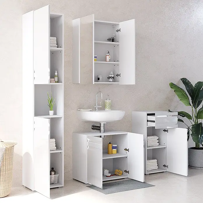 Vicco Badmöbel-Set Fredd Weiß Hochglanz 4 Teile - Gesamtbreite Badmöbel: 132,8 cm, Weiß Hochglanz, Glänzend - Weißes Badezimmermöbel-Set mit Hochschrank, Spiegelschrank, Waschtischunterschrank und Bodenschrank.