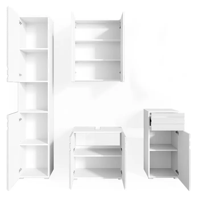 Vicco Badmöbel-Set Fredd Weiß Hochglanz 4 Teile - Gesamtbreite Badmöbel: 132,8 cm, Weiß Hochglanz, Glänzend - Set weißer modularer Badschränke mit geöffneten Türen, die Regale zeigen. Enthält hohe, wandmontierte, Waschbecken- und Schubladeneinheiten.
