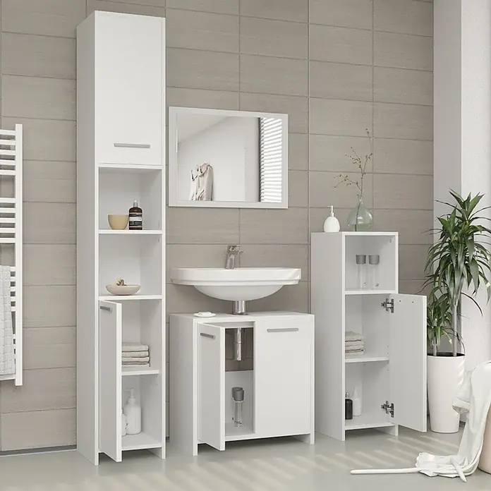 Vicco Badmöbel-Set Kiko Weiß 4 Teile - Gesamtbreite Badmöbel: 118 cm, Weiß, Matt - Weißes Badmöbel-Set mit Hochschrank, Waschbeckenunterschrank und Seitenschrank für reichlich Stauraum.