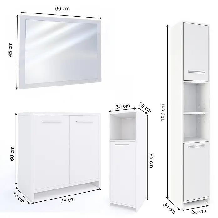 Vicco Badmöbel-Set Kiko Weiß 4 Teile - Gesamtbreite Badmöbel: 118 cm, Weiß, Matt - Weißes Badmöbelset: Spiegel, niedriger Schrank, hoher Schrank und mittlerer Schrank mit Maßen.