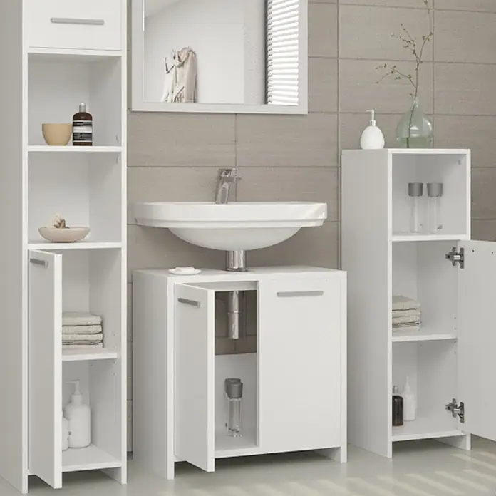 Vicco Badmöbel-Set Kiko Weiß 4 Teile - Gesamtbreite Badmöbel: 118 cm, Weiß, Matt - Weißes Badmöbel-Set mit Waschbeckenunterschrank, hohem Schrank und kleinem Schrank.