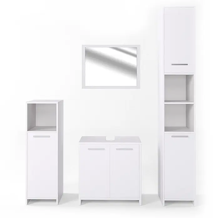 Vicco Badmöbel-Set Kiko Weiß 4 Teile - Gesamtbreite Badmöbel: 118 cm, Weiß, Matt - Weißes Badmöbel-Set mit Spiegel, Waschtischunterschrank und zwei Hochschränken.