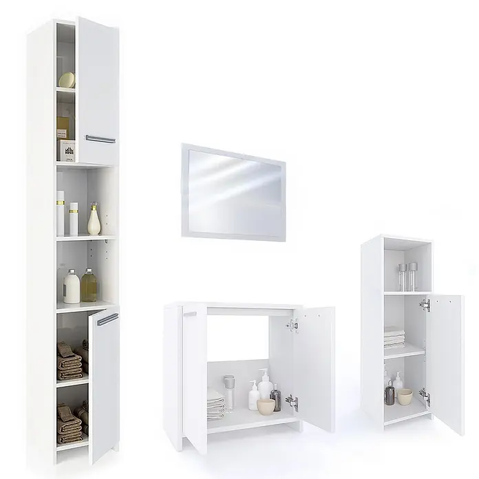 Vicco Badmöbel-Set Kiko Weiß 4 Teile - Gesamtbreite Badmöbel: 118 cm, Weiß, Matt - Weißes modulares Badezimmermöbel-Set: Hochschrank, Waschtischunterschrank, kleinerer Schrank und Spiegel.