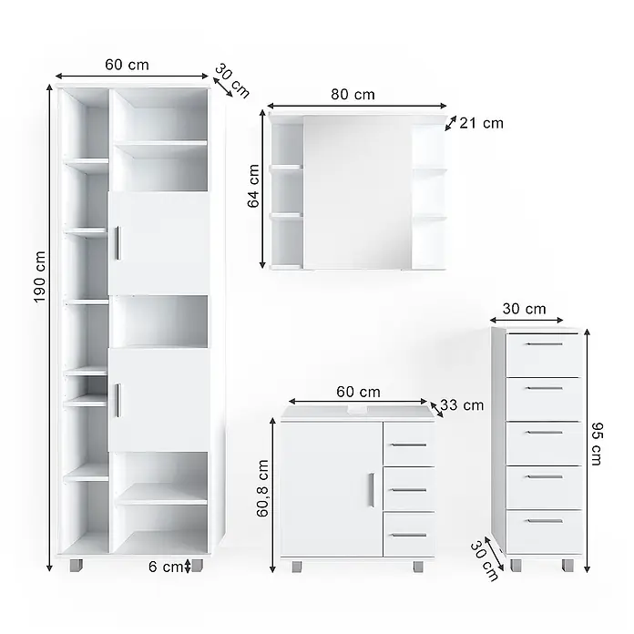 Vicco Badmöbel-Set Ilias Weiß 4 Teile, mit Hochschrank - Gesamtbreite Badmöbel: 150 cm, Weiß, Matt - Weißes Möbelset mit hohem Regal, Spiegelschrank, niedrigem Schrank und Kommode, mit Maßen.