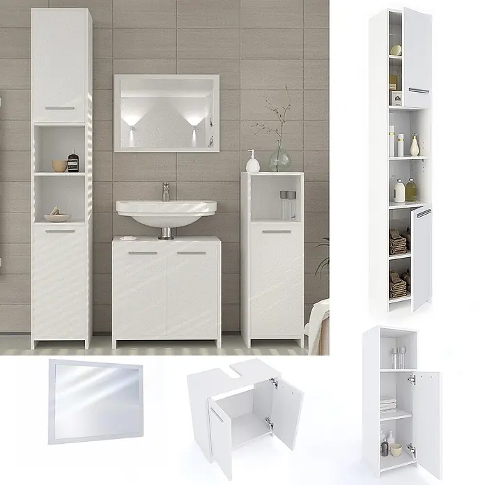Vicco Badmöbel-Set Kiko Weiß 4 Teile - Gesamtbreite Badmöbel: 118 cm, Weiß, Matt - Weißes Badmöbel-Set: Hochschrank, Waschbeckenunterschrank, Seitenschrank und Spiegel.