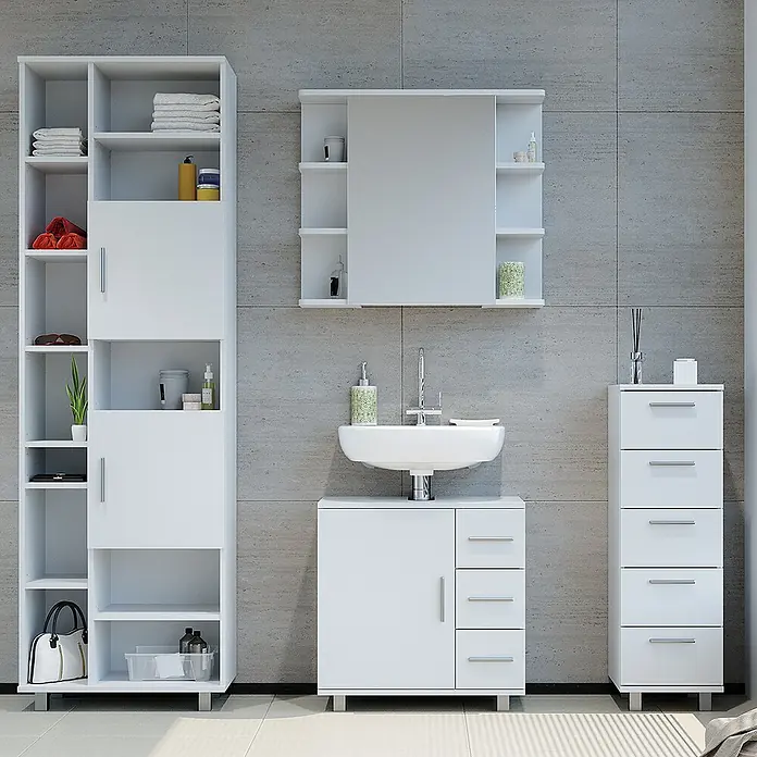 Vicco Badmöbel-Set Ilias Weiß 4 Teile, mit Hochschrank - Gesamtbreite Badmöbel: 150 cm, Weiß, Matt - Weißes modernes Badezimmermöbel-Set mit hohem Schrank, Waschtisch mit Waschbecken, Spiegelschrank und Schubladenschrank.