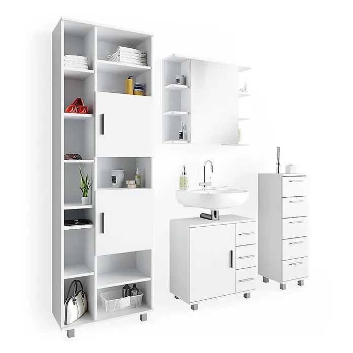 Vicco Badmöbel-Set Ilias Weiß 4 Teile, mit Hochschrank - Gesamtbreite Badmöbel: 150 cm, Weiß, Matt - Weißes modulares Badmöbelset mit hohem Hochschrank, Waschtischunterschrank, Spiegelschrank und schmalem Schubladenschrank.