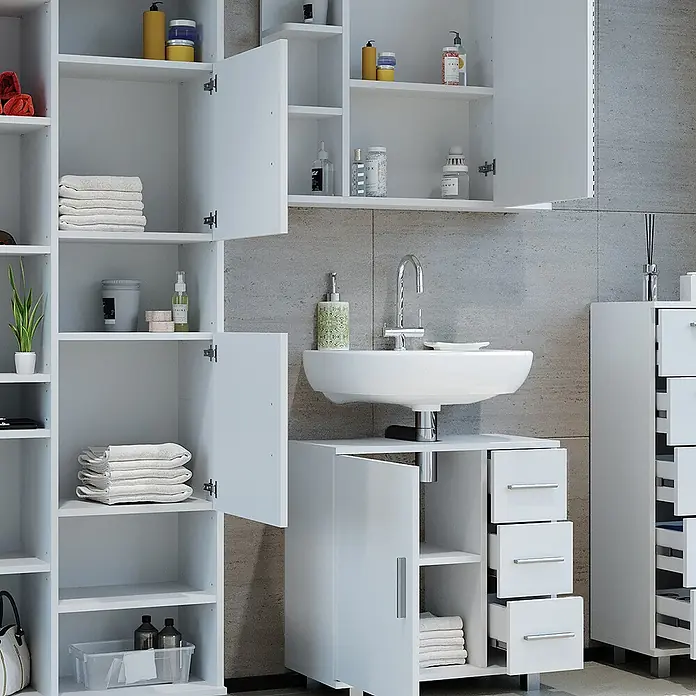 Vicco Badmöbel-Set Ilias Weiß 4 Teile, mit Hochschrank - Gesamtbreite Badmöbel: 150 cm, Weiß, Matt - Weißes Badezimmer-Aufbewahrungsmöbelset mit Waschtisch und Regalen.