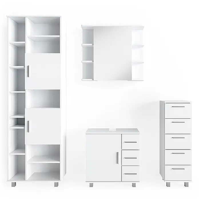 Vicco Badmöbel-Set Ilias Weiß 4 Teile, mit Hochschrank - Gesamtbreite Badmöbel: 150 cm, Weiß, Matt - Modulares weißes Badezimmermöbelset: Spiegelschrank, Waschbeckenunterschrank, hohes Regal mit Türen und Kommode.