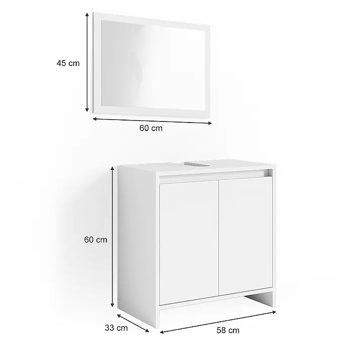 Vicco Badmöbel-Set Emma Weiß 2 Teile - Gesamtbreite Badmöbel: 58 cm, Weiß, Matt - Weißer Badunterschrank (60x58x33 cm) mit zwei Türen und passendem rechteckigem Spiegel (60x45 cm).