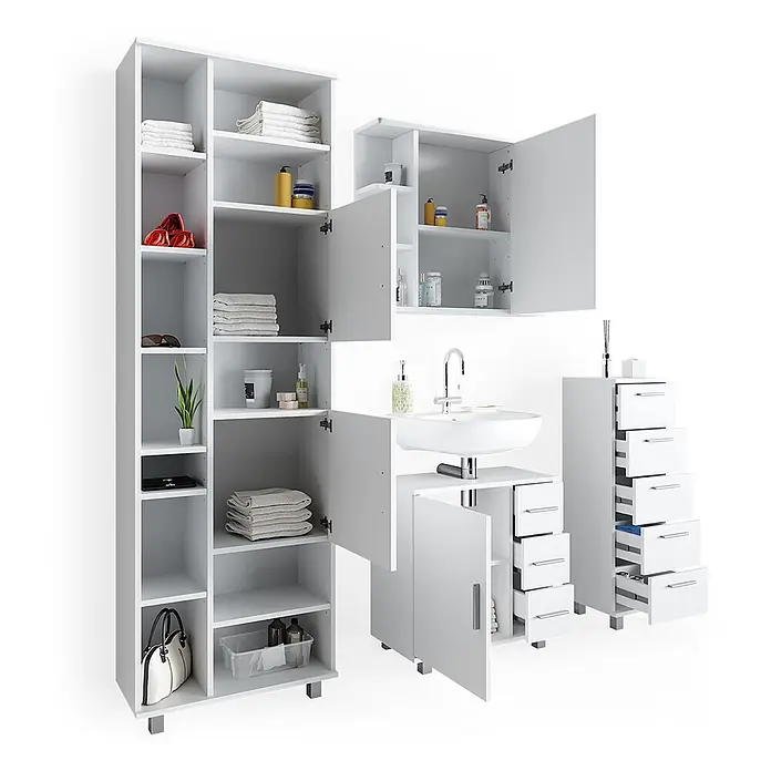 Vicco Badmöbel-Set Ilias Weiß 4 Teile, mit Hochschrank - Gesamtbreite Badmöbel: 150 cm, Weiß, Matt - Weißes Badmöbel-Set mit Hochschrank, Wandschrank, Waschtisch und Kommode, bietet viel Stauraum.