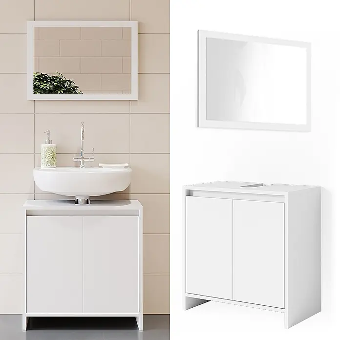 Vicco Badmöbel-Set Emma Weiß 2 Teile - Gesamtbreite Badmöbel: 58 cm, Weiß, Matt - Weiße Badmöbel-Garnitur: Unterschrank mit zwei Türen, Keramikwaschbecken, Armatur und rechteckiger Spiegel.