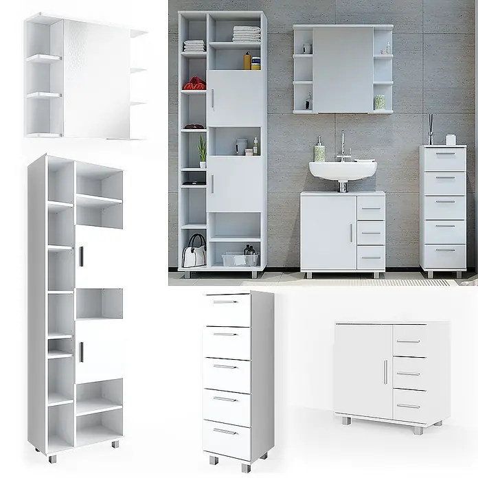 Vicco Badmöbel-Set Ilias Weiß 4 Teile, mit Hochschrank - Gesamtbreite Badmöbel: 150 cm, Weiß, Matt - Kollektion weißer Badezimmermöbel: hoher Regalschrank, Waschtischunterschrank, Spiegelschrank und Schubladenschränke.