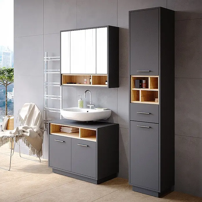 Vicco Badmöbel-Set Beatrice Anthrazit 3 Teile, mit Hochschrank - Gesamtbreite Badmöbel: 118 cm, Anthrazit, Matt - Moderne dunkelgraue Badmöbelgarnitur mit hellen Holzakzenten, Waschtisch, Spiegelschrank und Hochschrank.