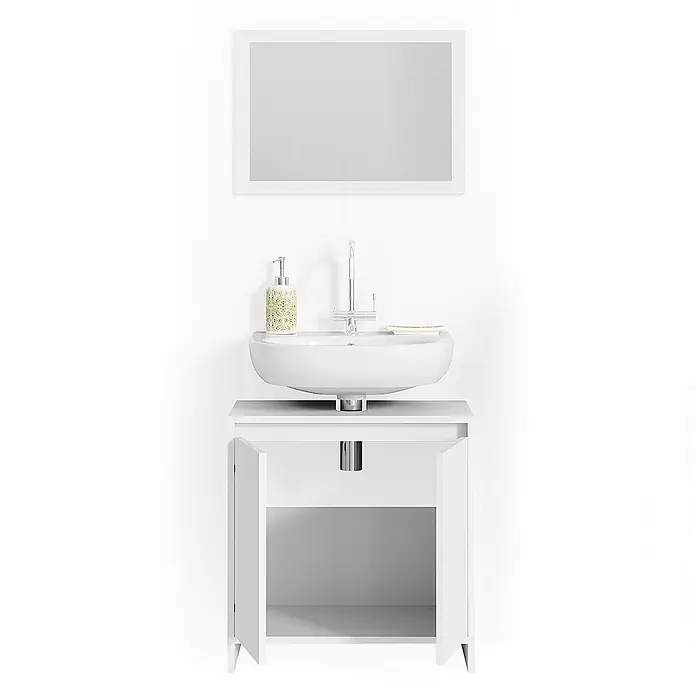 Vicco Badmöbel-Set Emma Weiß 2 Teile - Gesamtbreite Badmöbel: 58 cm, Weiß, Matt - Weißer Badunterschrank mit Aufsatzwaschbecken, Armatur, Seifenspender, Seifenschale und Spiegel. Türen offenbaren Installation.