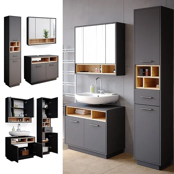 Vicco Badmöbel-Set Beatrice Anthrazit 3 Teile, mit Hochschrank - Gesamtbreite Badmöbel: 118 cm, Anthrazit, Matt - Badmöbelset in Dunkelgrau und hellem Holz: Hochschrank, Spiegelschrank und Waschtischunterschrank mit Waschbecken.
