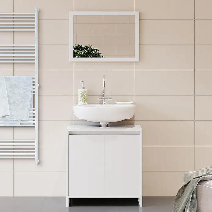 Vicco Badmöbel-Set Emma Weiß 2 Teile - Gesamtbreite Badmöbel: 58 cm, Weiß, Matt - Weißer Badezimmerschrank mit rundem Waschbecken und Chromarmatur.