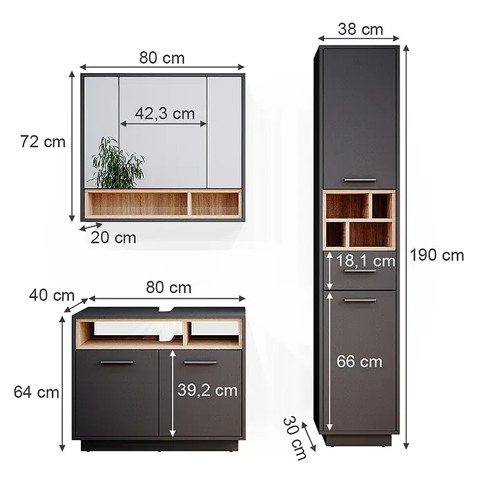 Vicco Badmöbel-Set Beatrice Anthrazit 3 Teile, mit Hochschrank - Gesamtbreite Badmöbel: 118 cm, Anthrazit, Matt - Modulares Stauraummöbel-Set in Dunkelgrau & Holzoptik: Wandschrank, TV-Board, Hochschrank, mit Maßen.