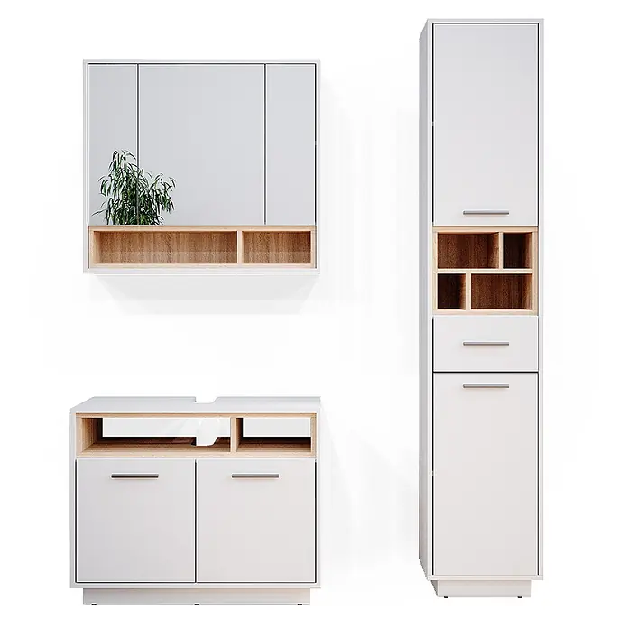 Vicco Badmöbel-Set Beatrice Weiß 3 Teile, mit Hochschrank - Gesamtbreite Badmöbel: 118 cm, Weiß, Matt - Modernes Badmöbel-Set in Weiß und hellem Holz, bestehend aus Spiegelschrank, Waschtischunterschrank und hohem Stauraumschrank.
