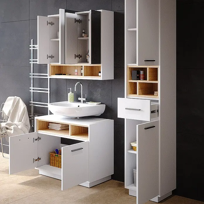 Vicco Badmöbel-Set Beatrice Weiß 3 Teile, mit Hochschrank - Gesamtbreite Badmöbel: 118 cm, Weiß, Matt - Weißes Badmöbelset mit Holzoptik-Akzenten, Waschtisch, Waschbecken, Hochschrank und Wandschrank, mit offenen Türen und Schubladen.