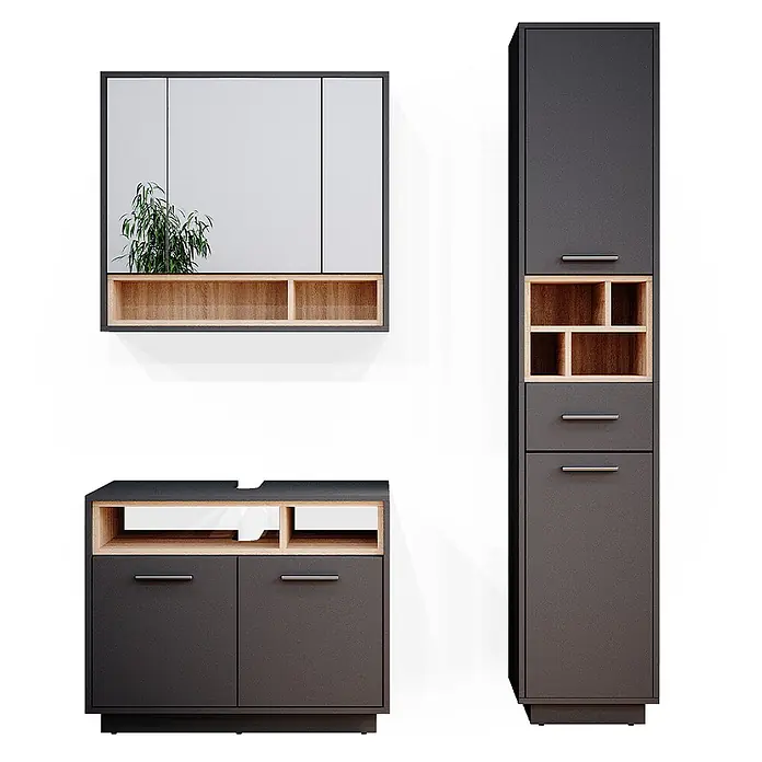 Vicco Badmöbel-Set Beatrice Anthrazit 3 Teile, mit Hochschrank - Gesamtbreite Badmöbel: 118 cm, Anthrazit, Matt - Modernes Badmöbelset in Dunkelgrau und hellem Holz: Spiegelschrank, Waschtischunterschrank und Hochschrank.