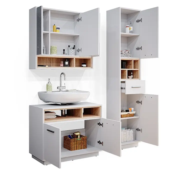 Vicco Badmöbel-Set Beatrice Weiß 3 Teile, mit Hochschrank - Gesamtbreite Badmöbel: 118 cm, Weiß, Matt - Weißes Badmöbel-Set mit Holz-Akzenten, inklusive Waschbeckenunterschrank, Wandschrank und Hochschrank.