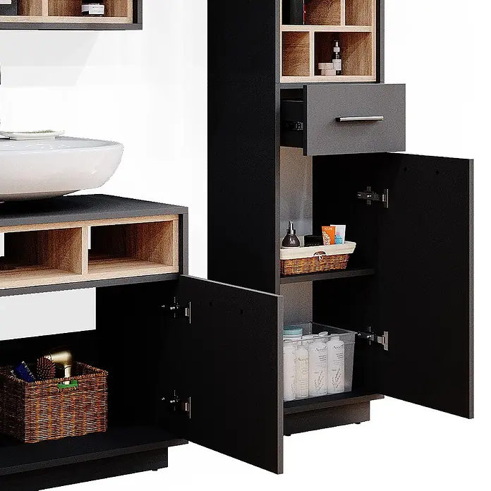 Vicco Badmöbel-Set Beatrice Anthrazit 3 Teile, mit Hochschrank - Gesamtbreite Badmöbel: 118 cm, Anthrazit, Matt - Schwarzer und holzfarbener Badezimmerschrank mit weißem Waschbecken, offenen Regalen und Schränken.