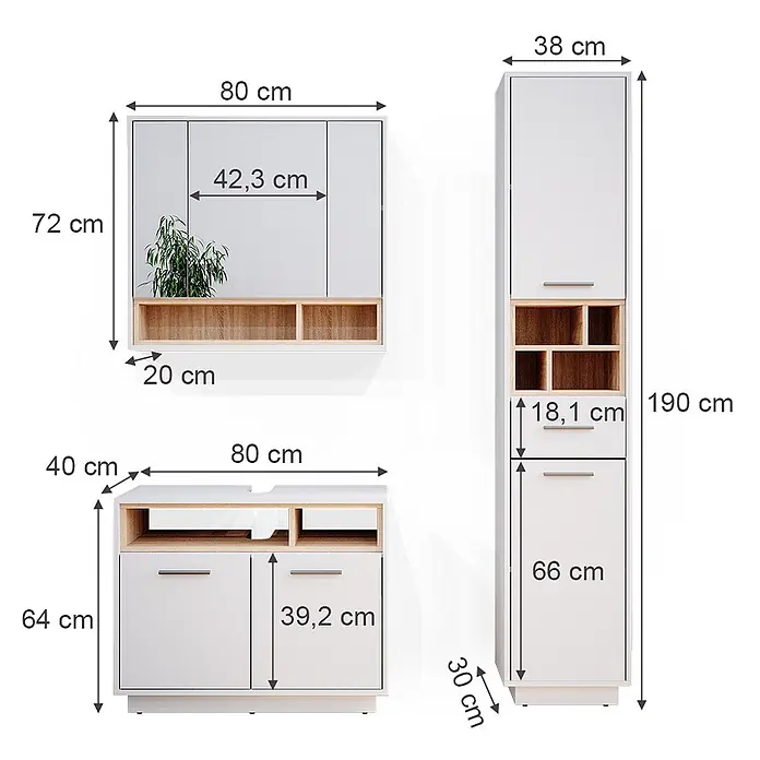 Vicco Badmöbel-Set Beatrice Weiß 3 Teile, mit Hochschrank - Gesamtbreite Badmöbel: 118 cm, Weiß, Matt - Modulares Badmöbelset in Weiß und heller Holzoptik für vielseitigen Stauraum.