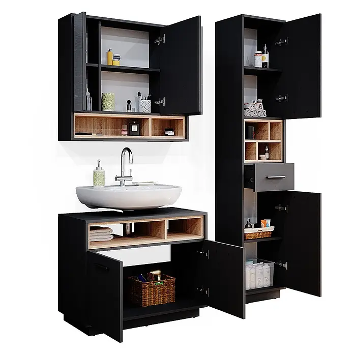 Vicco Badmöbel-Set Beatrice Anthrazit 3 Teile, mit Hochschrank - Gesamtbreite Badmöbel: 118 cm, Anthrazit, Matt - Schwarze Badmöbel-Garnitur mit weißem Waschbecken, Wandschrank und hohem Schrank, mit Holzakzenten und offenen Regalen.