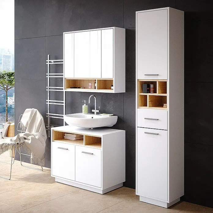 Vicco Badmöbel-Set Beatrice Weiß 3 Teile, mit Hochschrank - Gesamtbreite Badmöbel: 118 cm, Weiß, Matt - Modernes Badmöbelset in Weiß und hellem Holz mit Wandschrank, Waschtisch mit Waschbecken und Hochschrank.